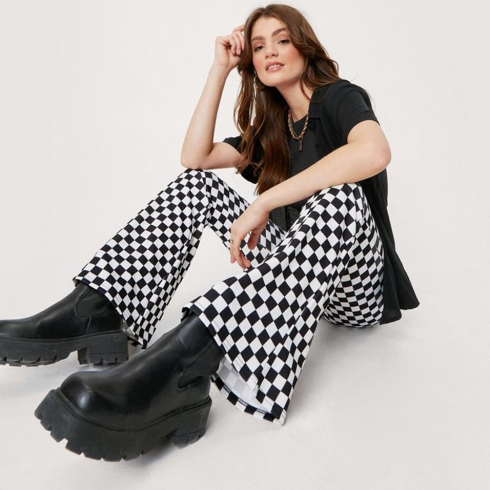 High Waisted Checkerboard Flare Pants Nasty Gal